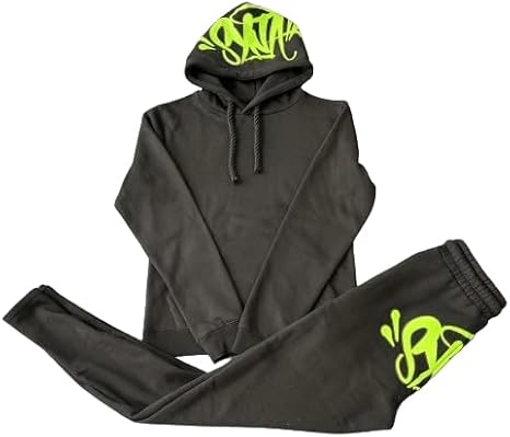 Syna World Unisex Tracksuits Hoodies Sweatshirt and Sports Trousers Set Streetwear Casual Hip Hop (US, Alpha, Small, Regular, Regular, black green set)