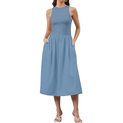 TERIVEEK Women Summer Sleeveless Midi Dress Casual High Neck Patchwork Tank Sundress Flowy Boho A Line Dress with Pockets