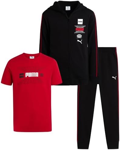 PUMA Boys Sweat Suit Set - 3 Piece Zip Up Hoodie, Graphic Tee and Athletic Fleece Jogger Sweatpants For Boys Set 8-16