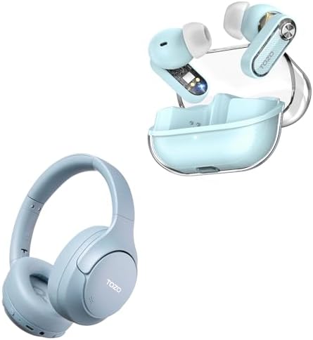TOZO HT3 Hybrid Noise Cancelling Headphones, 90H Playtime, Spatial Audio AI Chat with 5 Mics, Crystal Pods Hybrid Active Noise Cancelling Wireless Earbuds, 10mm Drivers Deep Bass Stereo Sound