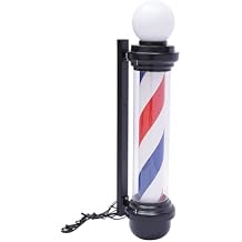 32Inch Barber Pole Red White Blue Stripes with LED Light,Traditional Barber Pole Outside Barber Shop Rotating Light