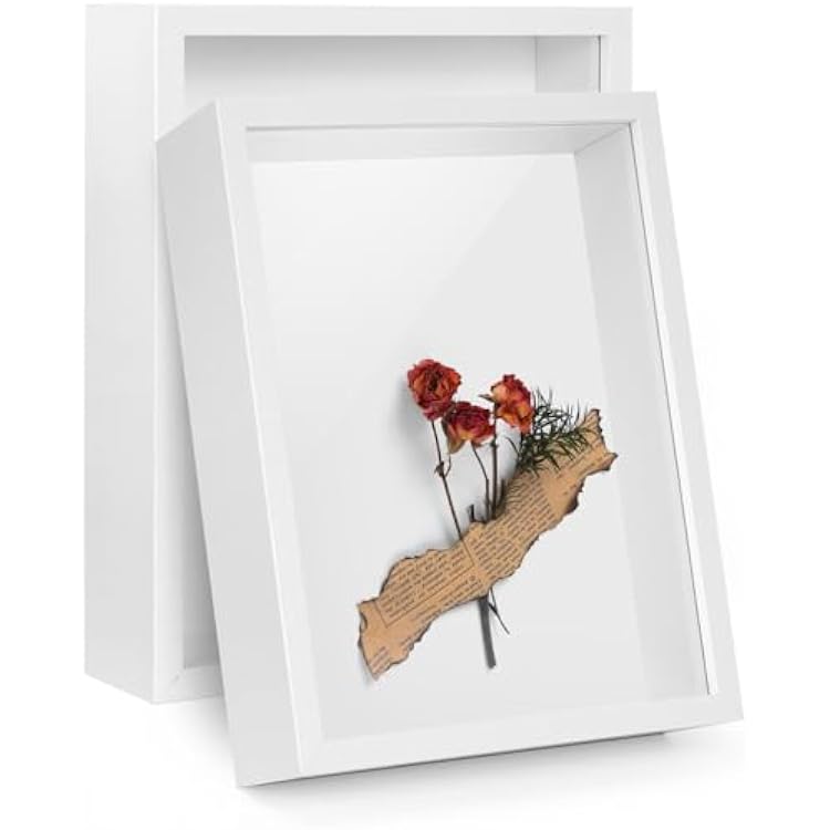 Shadow Boxes 11 x 14 in, 2 Pcs White Shadow Boxes Frame, Tempered Glass Deep Photo Frame with 1.58 inches of Space for Displaying Photos, Keepsakes, Collectibles, etc