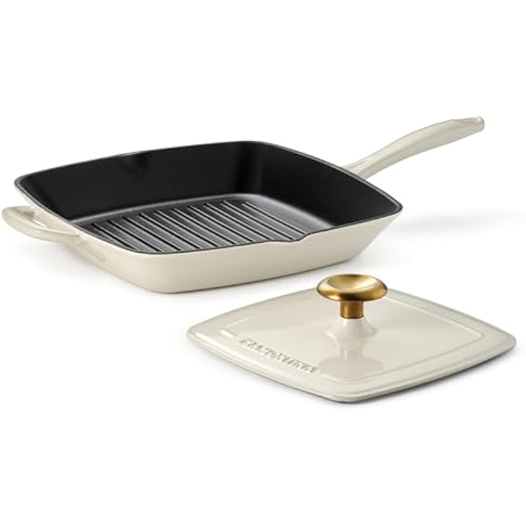 Tramontina Bestow Enameled Cast Iron Grill Pan with Press, 11-inch, Latte with Gold Knob