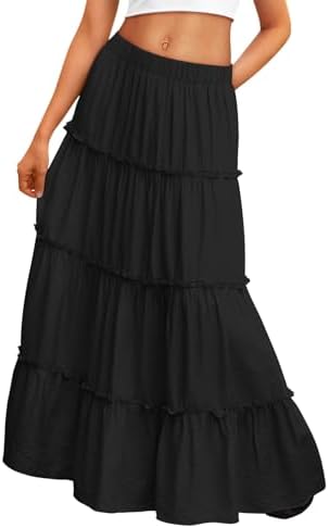 Trendy Queen Vacation Outfits Long Skirts for Women Boho Maxi Skirt Elastic High Waist Dress with Pockets Fashion