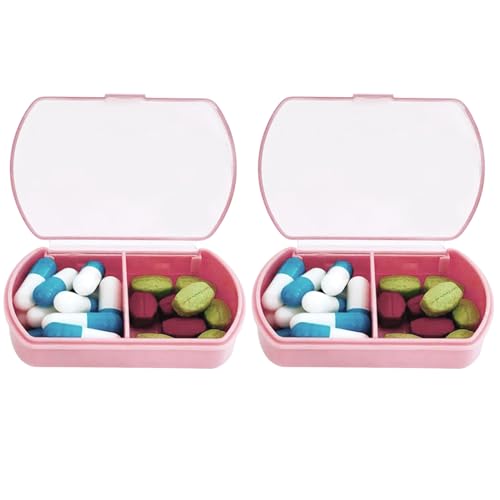 2PCS Small Pill Case Travel Pill Box Cute Pill Organizer for Purse Portable Daily Medicine Organizer 2 Compartment Pill Holder for Vitamins, Fish Oil, Supplements