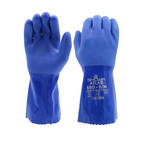 SHOWA Atlas 660 Triple-Dipped PVC Chemical Resistant Gloves, Heavy-Duty Gloves, Rough Finish Grip, Seamless Cotton Liner, 12 Length, Blue, Medium, 12-Pack