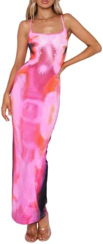 VECVOC Womens Summer Casual Floral Dresses Spaghetti Strap Bodycon Maxi Beach Dress Pink