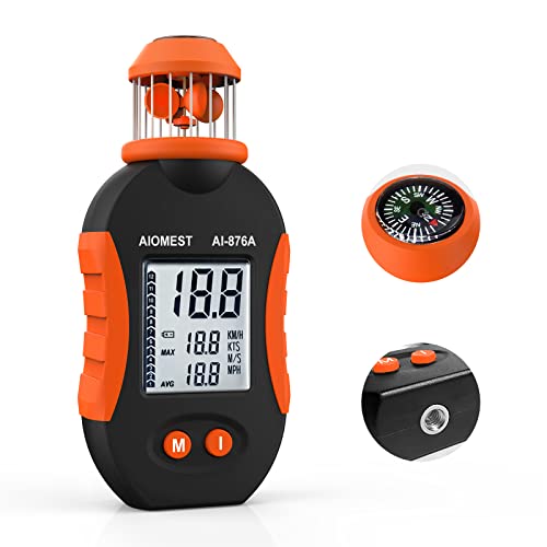 AIOMEST Digital Anemometer, Handheld Wind Speed Meter, Wind Cup Airflow Velocity Gauge Sensor Measuring CurrentMaxAvg Air Volume with Compass for HVAC Sailing Shooting AI-876A