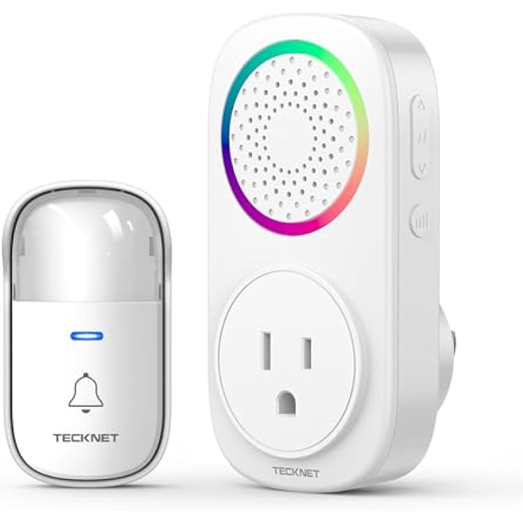 TECKNET Self-Powered Wireless Doorbell Kit - Plug-Through Door Bell with RGB Light, 60 Chimes & 5 Volume Levels, IP66 Waterproof Classroom Doorbell, 1000ft Range Doorbells for HomeOffice
