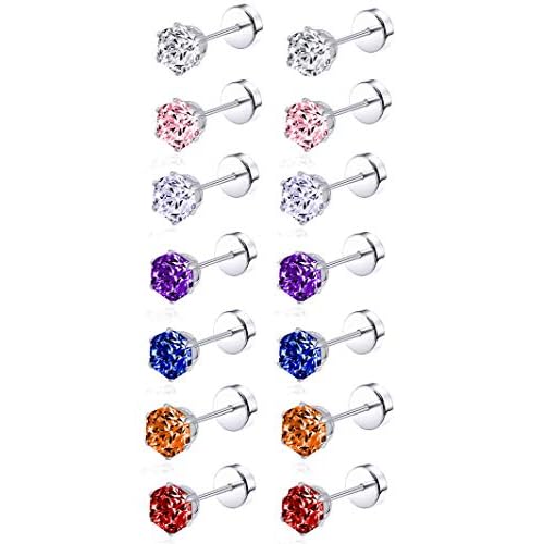 Tornito 7-14 Pairs Stainless Steel CZ Stud Earrings for Women Multicolor Cubic Zirconia Cartilage Helix Earrings Set Screwback 4MM