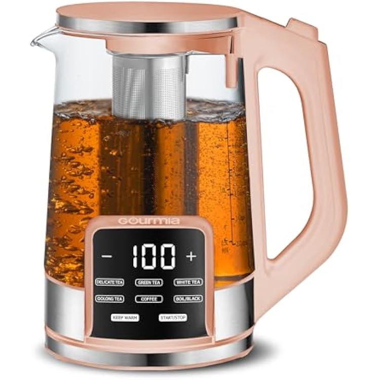 Gourmia Electric Glass Kettle 1.7L Programmable Tea & Coffee Brewer with Digital Touch Display, 6 Presets, Removable Stainless Steel Infuser, Cordless with 360 Swivel Base, Peach