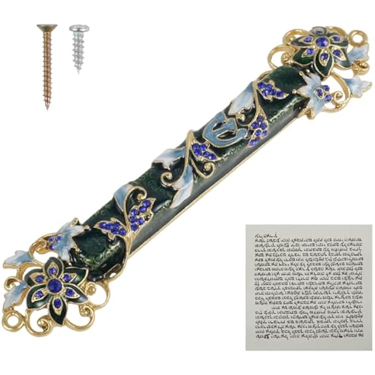 Hand Painted Mezuzah with Scroll for Door, Exquisite Enamel Mezuzah with Crystal Accent, 6 Decorative Metal Mezuzah Case Jewish Door Mezuza for Jewish Gifts, Christmas Decor, House Warming Blessing