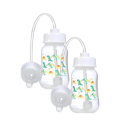 Hands-Free Baby Bottle - Anti-Colic Nursing System 4 oz Baby Bottle with Fast Flow NippleTeat 3m with Tube Straw Feeding System for Toddler 2 Pack - Dinosaur
