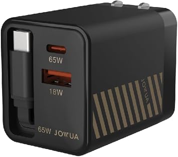JOWUA 65W GaN Charger with Retractable Cable one USB-C Port one USB-A Port and Retractable USB-C Cable