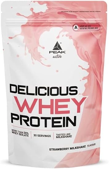 PEAK Delicious Whey Protein - 900g Flavour Strawberry Milkshake I 30 Servings I Powder I Protein Source: Whey Protein Concentrate + Isolate I Without Added Sugar I with Digestive Enzyme Lactase