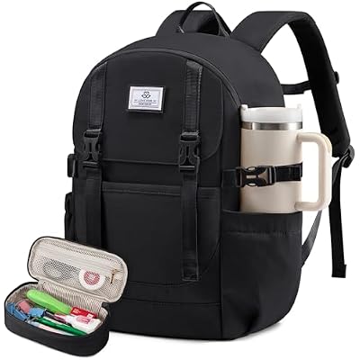 LOVEVOOK School Backpack for Teen Girls, Waterproof Travel College Bookbag for Middle High School with Large Cup Holder & Pencil Case, Fits 15.6 Laptop, Cute Aesthetic Kids Student Backpack