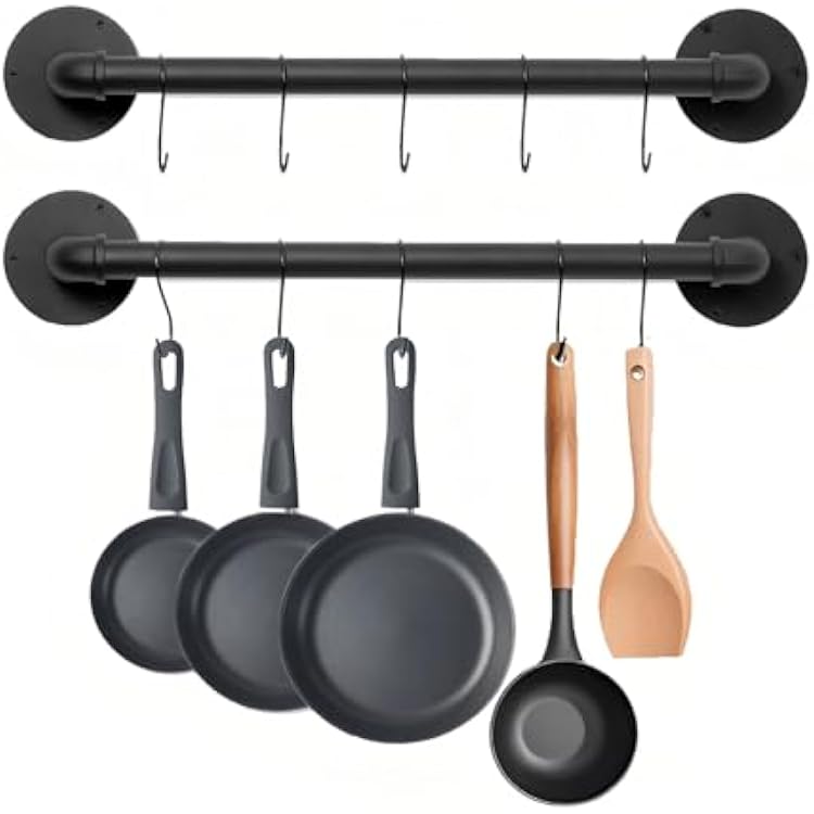 16 inch Pot Rack Wall Mounted Set of 2, Pan Hangers for Kitchen, Iron Detachable Storage Organizer, Industrial Pipe Lids Holder Utensils Hanging Rail with 8 S Hooks