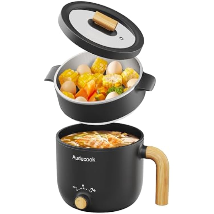 Audecook Hot Pot Electric with Steamer, 1.5L Portable Nonstick Rapid Noodles Cooker, Travel Electric Skillet with Dual Power Control for RamenPastaSoupSteakEggOatmeal Black