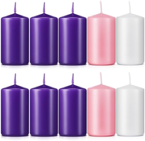 Amylove 10 Pcs 3 x 4 Inch Advent Pillar Candles Set Pink Purple Christmas Unscented Lasting Burning Church Candles for Advent Wreath Holiday Gifting