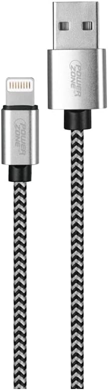 PowerZone KL-029X-2M-LIGHT Lightning Charging Cable, Braided Cable + Aluminum, Black + White Braided Cable, 6 ft L