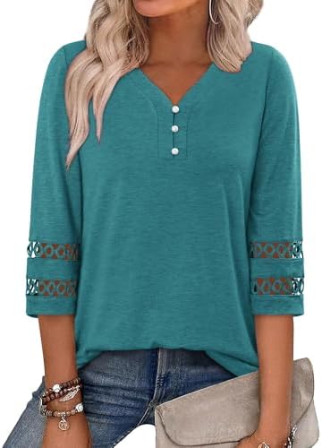 CRAZY GRID 3/4 Length Sleeve Womens Tops V-Neck Lace Tunic Button Down Business Casual Blouses Fall Trendy Outfits 2026 S-XXL