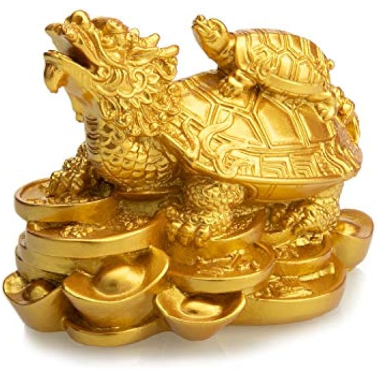 Feng Shui Resin Dragon Turtle with Small Turtle Statue Home Decor Symbol of Fertility LongevityGold, S