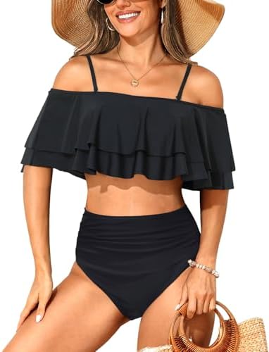 Tempt Me Women Two Piece High Waisted Bikini Set Swimsuit Off Shoulder Ruffle Bathing Suits Tummy Control Ruched Swimwear