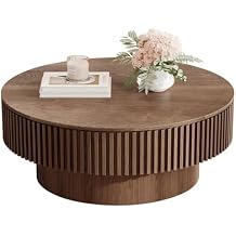 LKTART Round Coffee Table for Living Room, Accent Fluted Drum Coffee Table with Storage, Modern Solid Wood Veneered Circle Center Tea Table for Small Space Apartment (39.4''D14''H-Walnut)