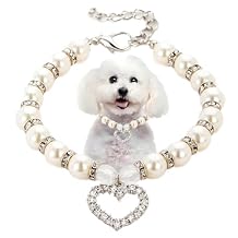 Beaded Dog Collar, Girl Pearl Cat Necklace with Cute Crystal Heart Pendants Female Dogs Jewelry Necklace for Small Medium Large Dogs Wedding & Birthday Gift (White,L)
