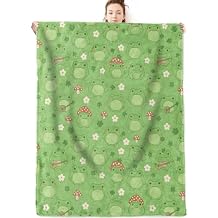 Cute Cartoon Frog Flannel Blanket Gifts for Animal Lover,60x50inch,Mushroom Flower and Leaf Throw Blankets with Green Background,for Bedroom,Sofa,Living Room,Camping Decor Throws