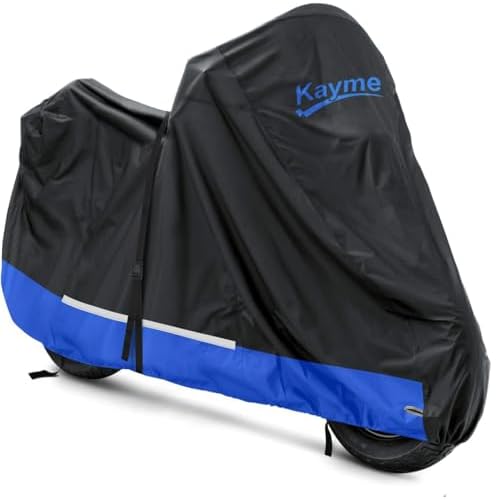 Kayme 300D Motorcycle Cover Waterproof Outdoor, All Season Rainproof Dustproof Motorbike Protective Tarp with Lock Hole, Universal Fit Street, Sport, Adventure, Cruiser MC, etc. Length 92 inch.