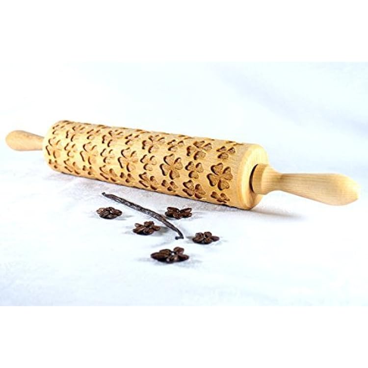 LUCKY IRISH FOUR LEAF CLOVER Rolling Pin, Large Size 16.9 inch, Embossed Pattern for Baking Engraved Cookies by STODOLA