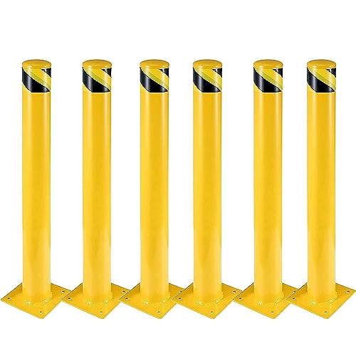 Pioneerworks Safety Bollard 6 Packs, 48 Inch Height Bollard Post, 4.5 Inch Diameter, Yellow Safety Steel Bollard Post with 24 Anchor Bolts, for Traffic Control, Driveway Barrier, Parking Pole