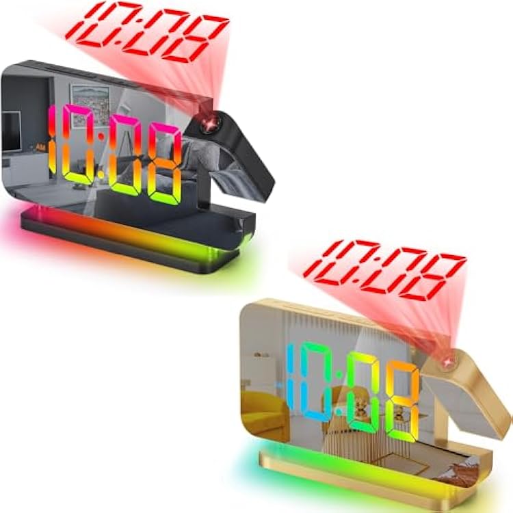 SZELAM Projection Alarm Clock with RGB Night Light USB C Port 180 Rotatable Projector - LED Mirror Digital Clocks Large Display for Bedroom