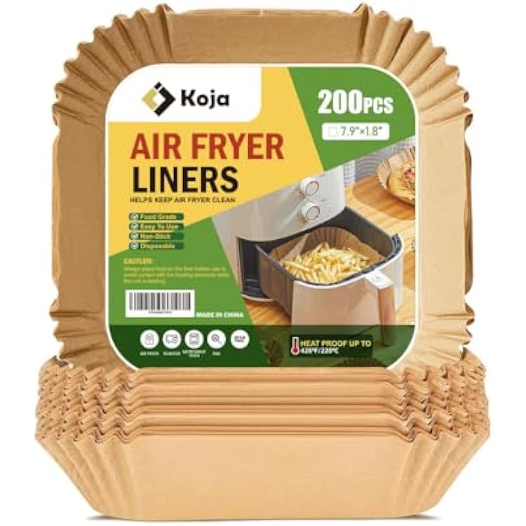 Koja 200 Pcs Disposable Parchment Air Fryer Liners, Non-Stick Greaseproof Paper, Square 8 Inch Baking Paper Liners for Air Fryer, Microwave, Oven, Steamer, Easy Clean, Heat Resistant Accessories