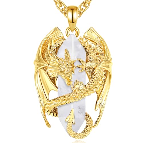 INFUSEU Clear Quartz Crystal Necklace Dragon Jewelry for Men Women Healing Stone Pendant Large Spiritual Protection Gifts Amulet Birthday Gothic Goth Stuff Punk Present