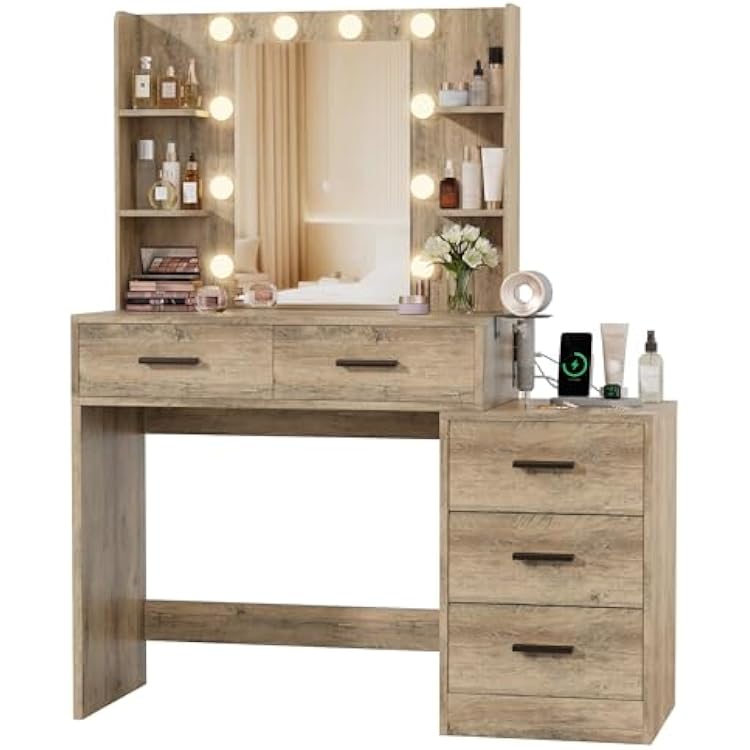 Furmax Make up Vanity Desk with Mirror and Power Outlet, Vanity with 3 Color Light Options Adjustable Brightness,Vanity Desk with 2 Drawers, 6 Storage Shelves Rustic Oak, with Nigntstand