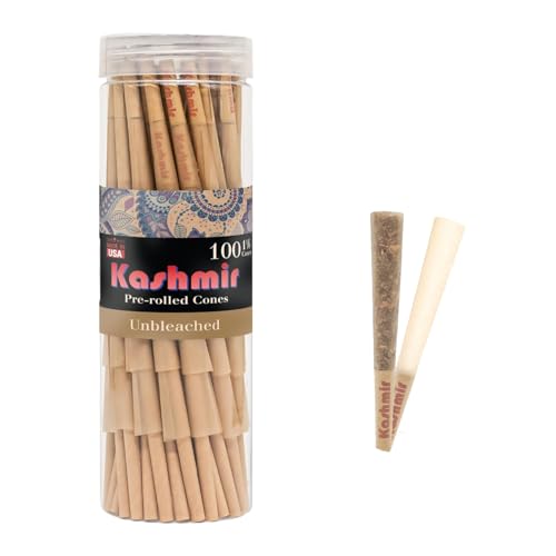 Kashmir PreRolled Cones Unbleached 1 14 Size 100 Pack Rolling Papers with W-Shaped Tips Natural Fiber Cones Slow Burn, Easy Fill, Even Smoke 79mm Pre Rolls