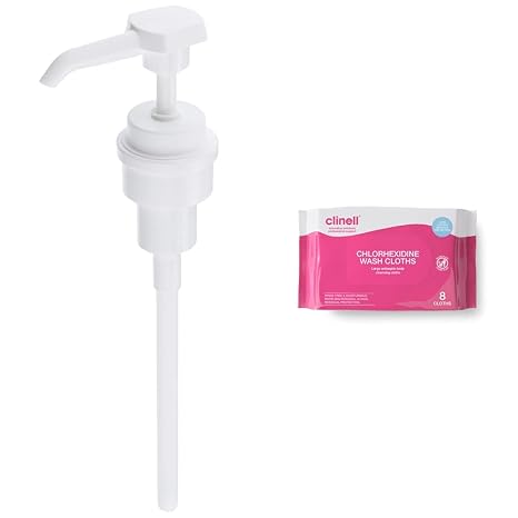 Hibi 99XX0453 Scrub Antimicrobial Pump Dispenser, 500ml,White & Clinell Chlorhexidine Wash Cloths - Body Wipes, Rinse Free Solution, Kills Bacteria, Dermatologically Tested - Pack of 8 Cloths (Pink)