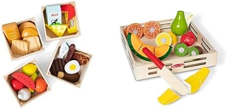 Melissa & Doug Wooden Play Food Bundle - 21 Hand-Painted Food Pieces with 4 Crates & 17-Piece Cutting Fruit Set with Storage Box