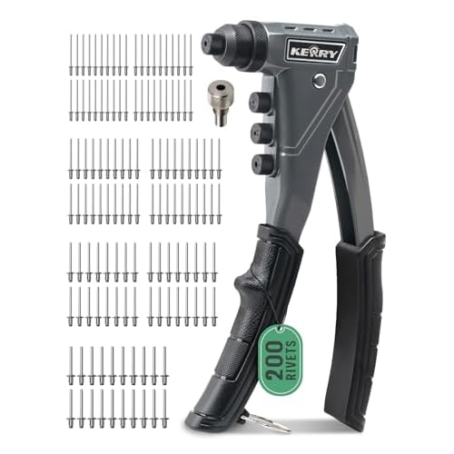 Kerry One-Handed Pop Rivet Gun Set - 9.6 Extended Ergonomic Handle, 4 Tool-Free Interchangeable Heads, 200 Aluminum Rivets 332 18 532 316, Professional Manual Riveting Tool for Metal Work
