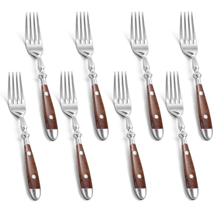 Dinner Forks, 8-Pack Stainless Steel Dinner Forks, 7.9 Inches with Wood Grain Bakelite Handle For Salad, Noodle, Dishwasher Safe