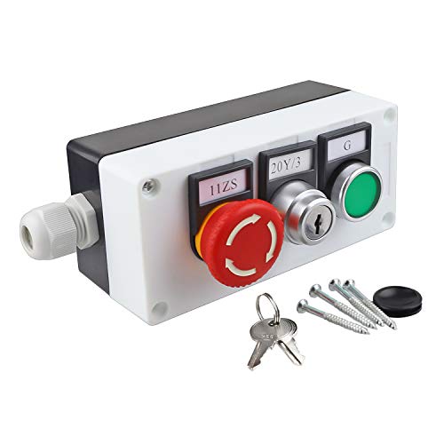 Green Momentary Switch, Red Mushroom Emergency Stop Latching Push Button Switch,3 Positions 2NO Key Lock Latching Select Selector Switch Station Box