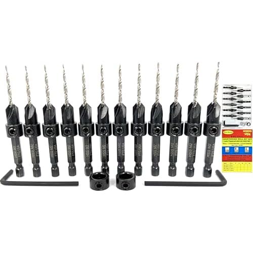 FTG USA 12 Pc #4 764 Countersink Drill Bit Set with Depth Stop Collar, Hex Wrench - Tapered Drill Bits for Wood