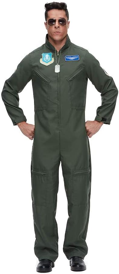 EraSpooky Men's Flight Suit Adult Air Force Pilot Jumpsuit Costume with Necklace and Sunglasses