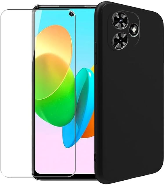 Case for Tecno Spark Go 2024 + Glass Screen Protector Tempered Film - Transparent Silicone Soft Flexible Bumper Shockproof TPU Protective Cover Shell for Tecno Spark Go 2024 (Black)