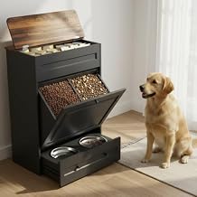 Elevated Dog Feeding Station with Storage Cabinet, 5.3" Pull-Out Hidden Bowls, Dog Food Organizer for Medium Large Dogs with Slow Feeder, Stainless Steel Bowls & Side Hooks (Black)