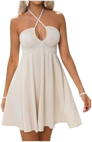 MakeMeChic Women's Summer Halter Dress Cut Out Tie Backless Criss Cross Flowy Short Dresses Sundress