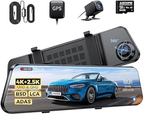 AZDOME PG17 Max Mirror Dash Cam with 3-Lead Type-C USB Hardwire Kit (JYX05)