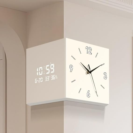 Double Sided Modern Wall Clock, Decorative Wall Clock, Wall Clock in to The Corner, Creative Clock Wall Lamp for Bedroom Living Room Office(Beige,Large)